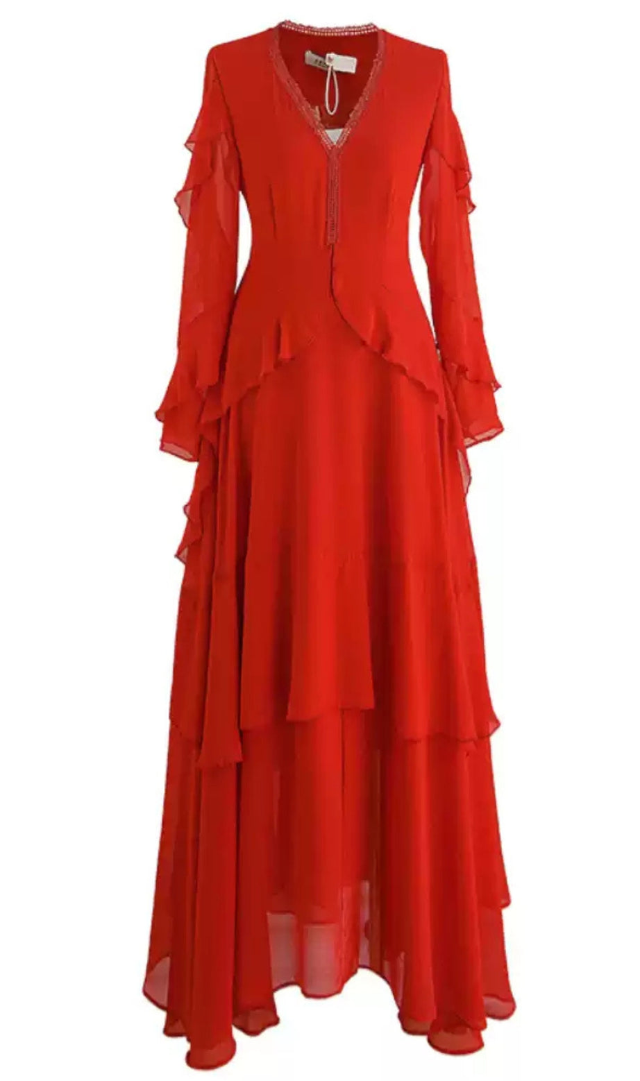Red Chiffon Long with Lace Ruffle Sleeves  Maxi Dress