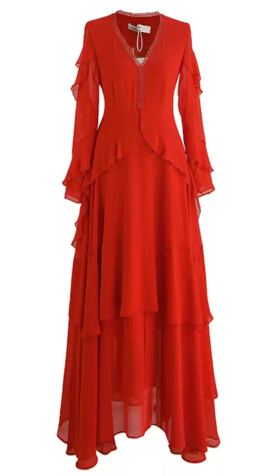 RED CHIFFON LONG WITH LACE RUFFLE SLEEVES  MAXI DRESS