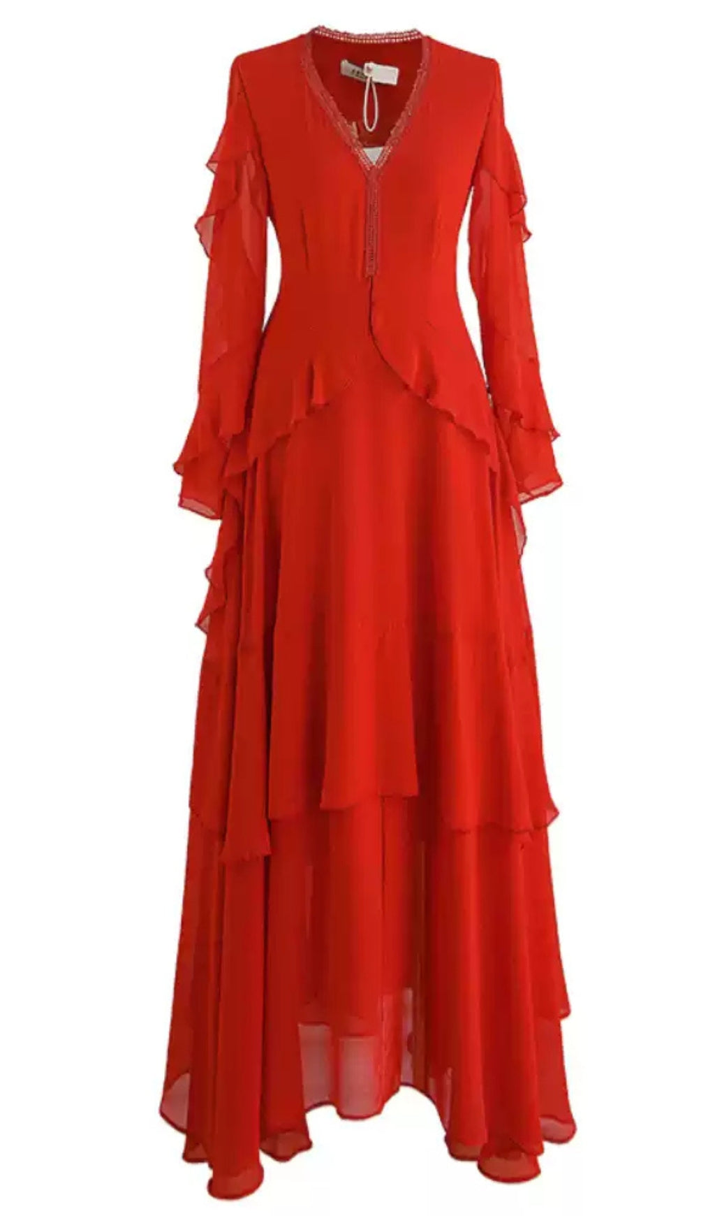 RED CHIFFON LONG WITH LACE RUFFLE SLEEVES  MAXI DRESS