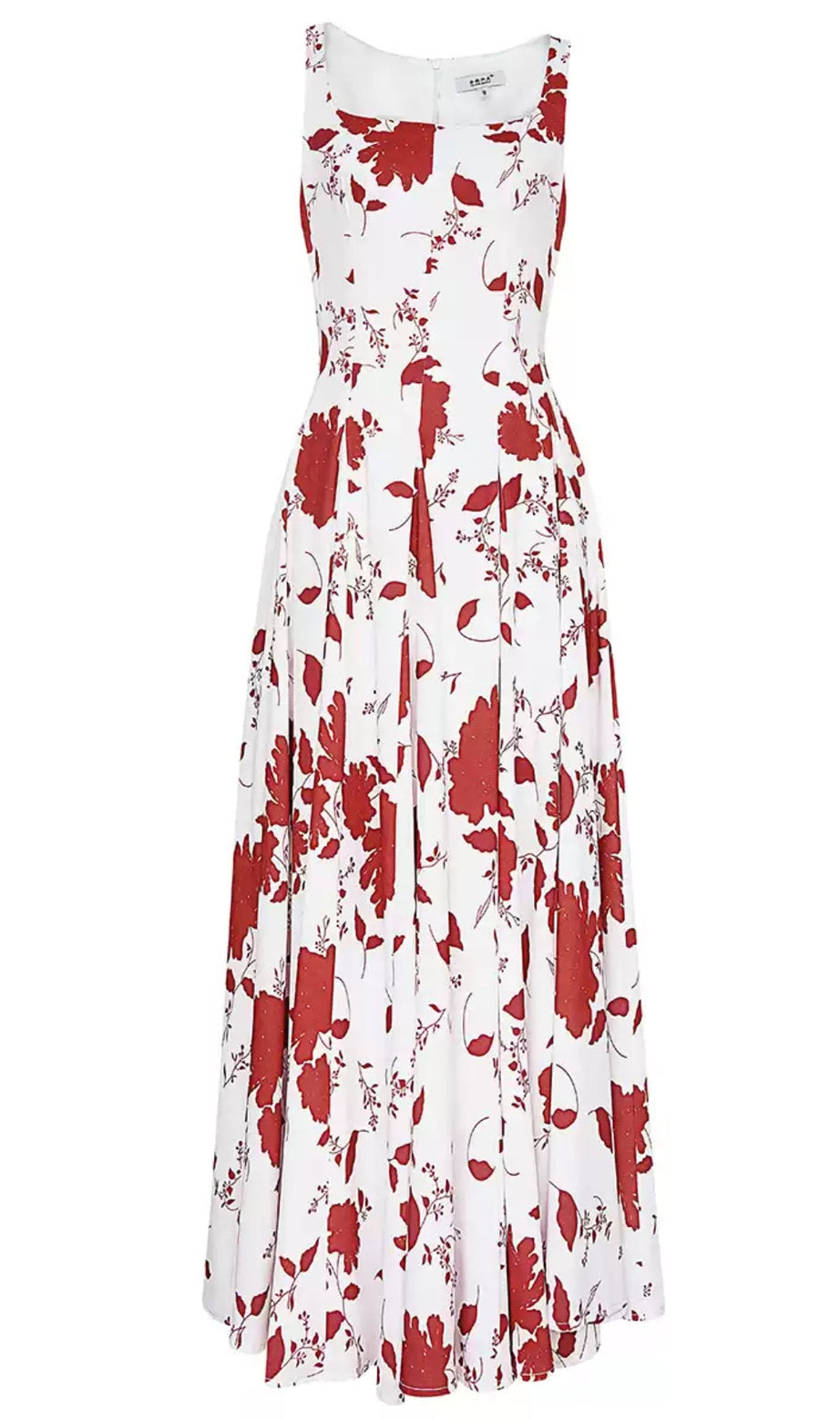 White Maxi Dress with Red Floral Prints and Square Neckline