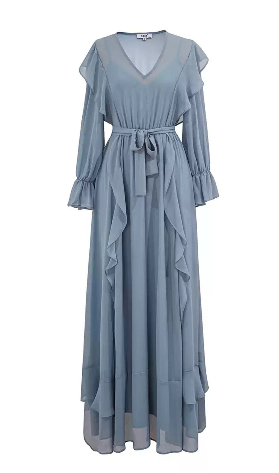 Abito lungo in chiffon azzurro con volant e cintura 