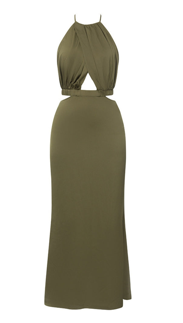 AIIZIE HALTER CUT - OUT SLIT MIDI DRESS IN OLIVE GREEN - product image
