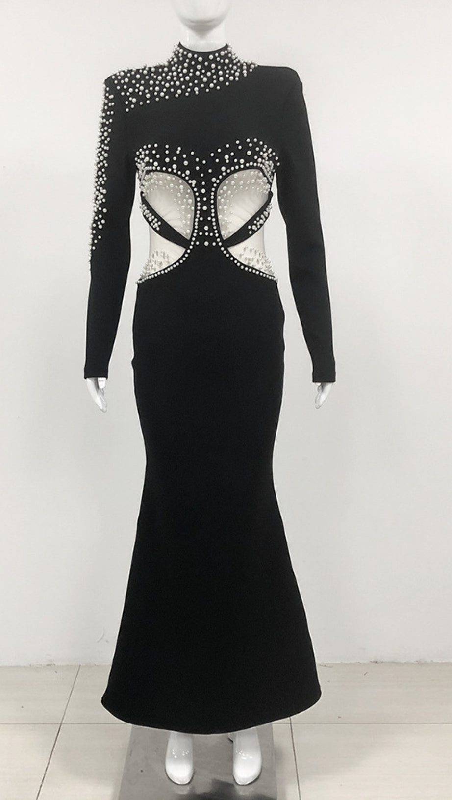 PEARL - EMBELLISHED CUTOUT MERMAID GOWN IN BLACK