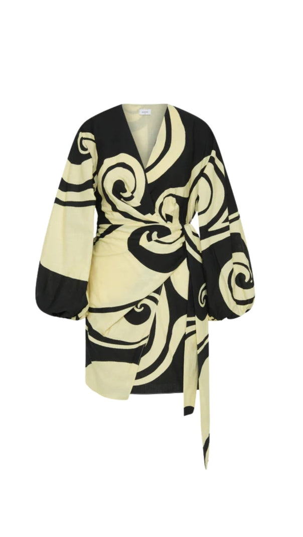 AIIZIE OCEANIC SWIRL V-NECK PUFF SLEEVE MINI DRESS - product image