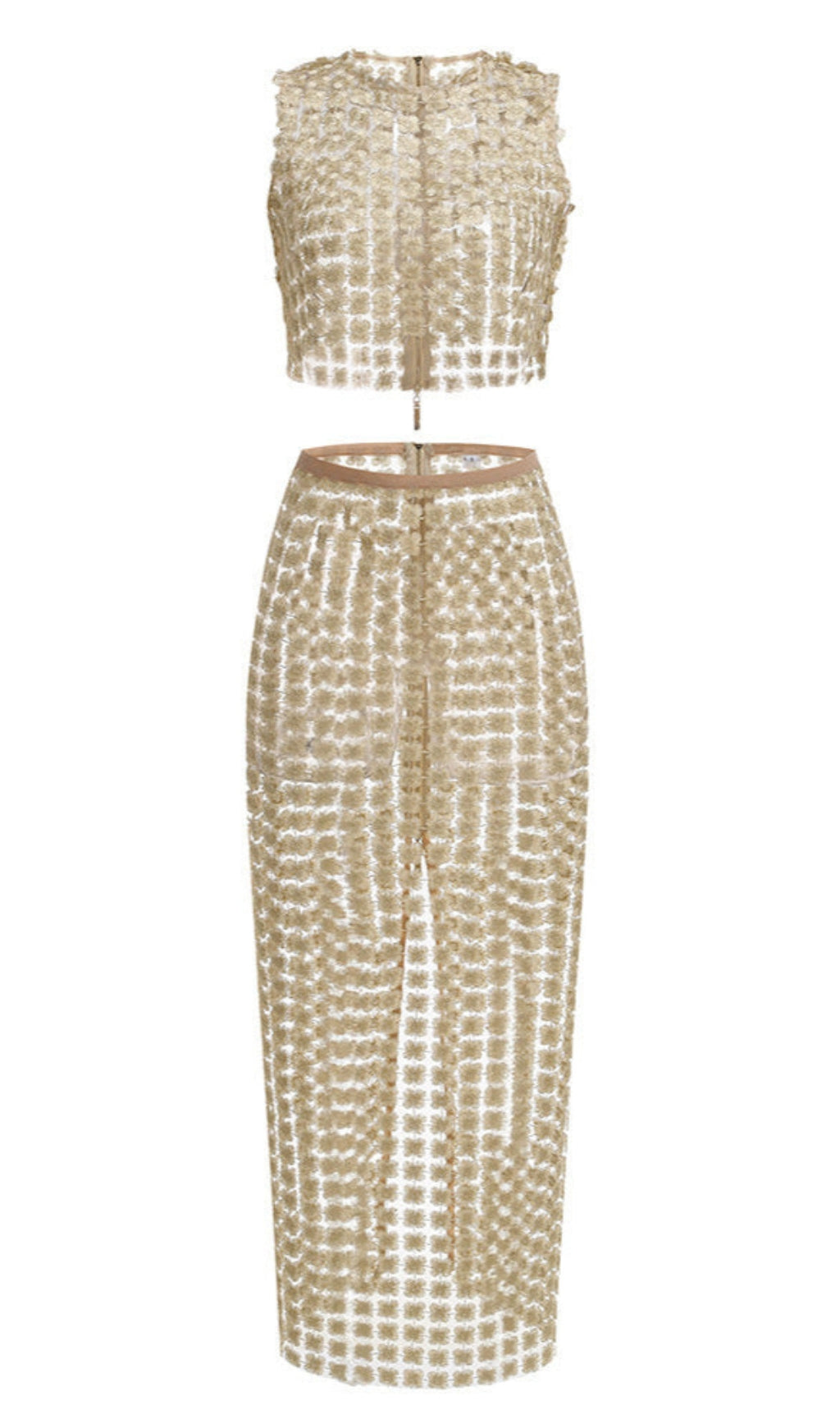apricot Sheer plaid fishtail maxi skirt two piece of set