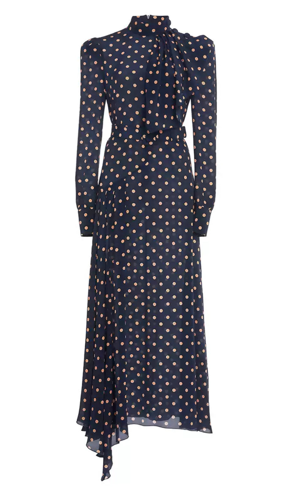 Navy Polka Dot Tie Neck Midi Dress with Belt