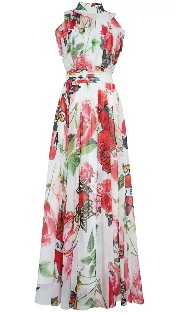 AIIZIE RED WATERCOLOR FLORAL CHIFFON SLEEVELESS HOCO MAXI DRESS - product image