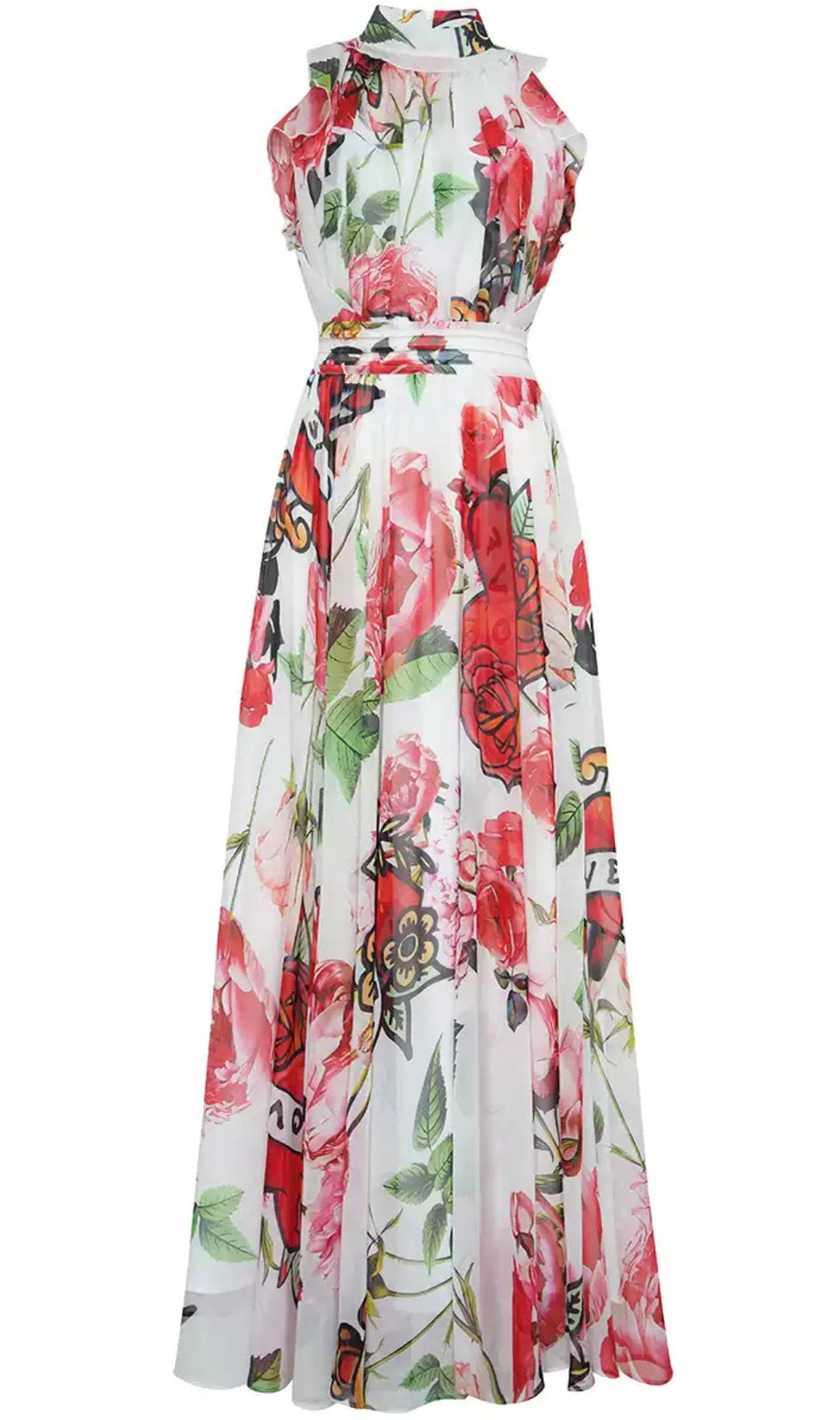 Red Watercolor Floral Chiffon Sleeveless Hoco Maxi Dress