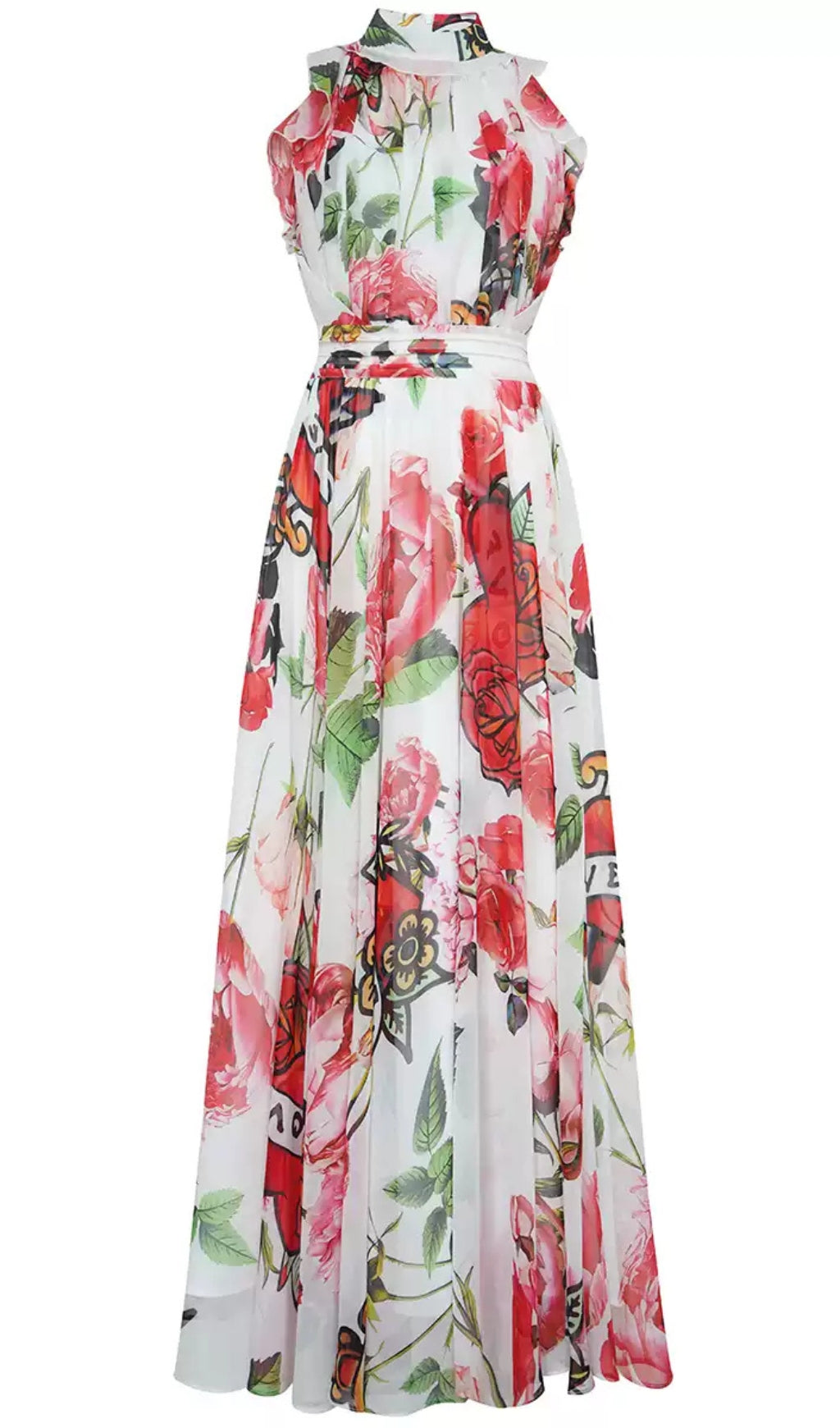 RED WATERCOLOR FLORAL CHIFFON SLEEVELESS HOCO MAXI DRESS