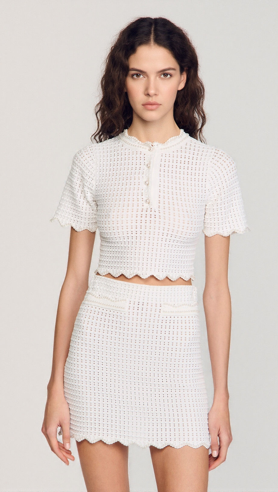 ANGELA RUFFLE TRIM PEARL BEADED KNIT SWEATER