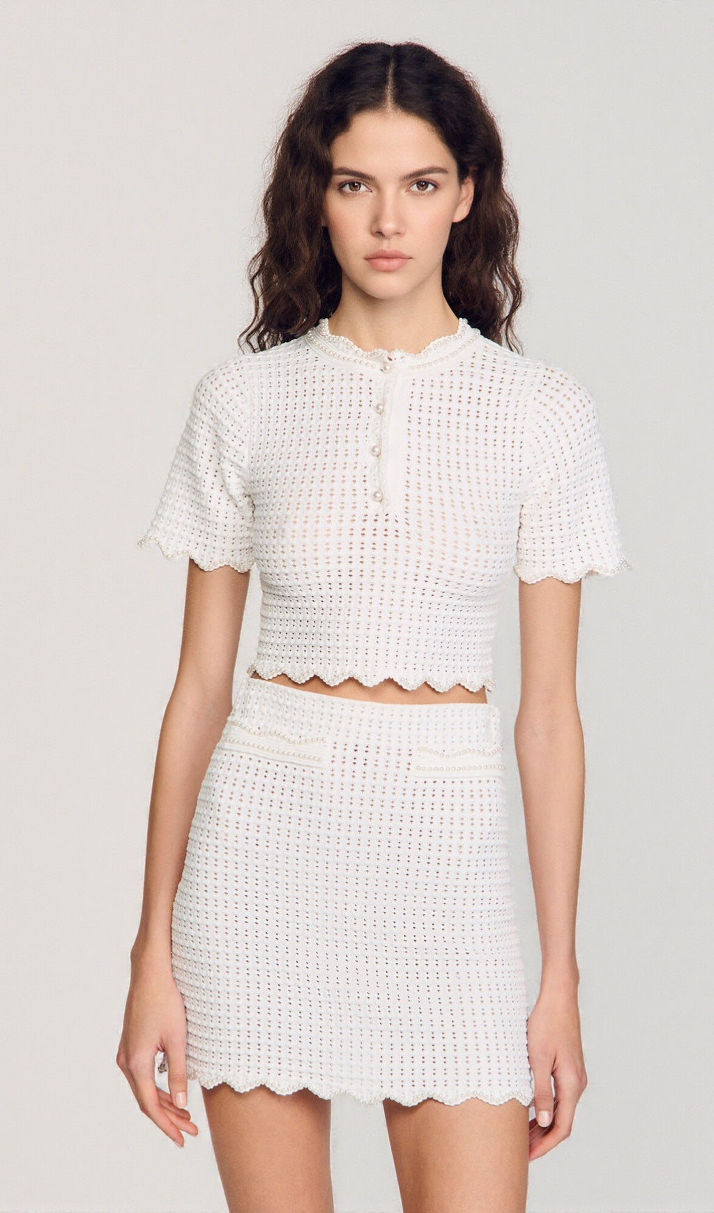 AIIZIE ANGELA RUFFLE TRIM PEARL BEADED KNIT SWEATER - product image