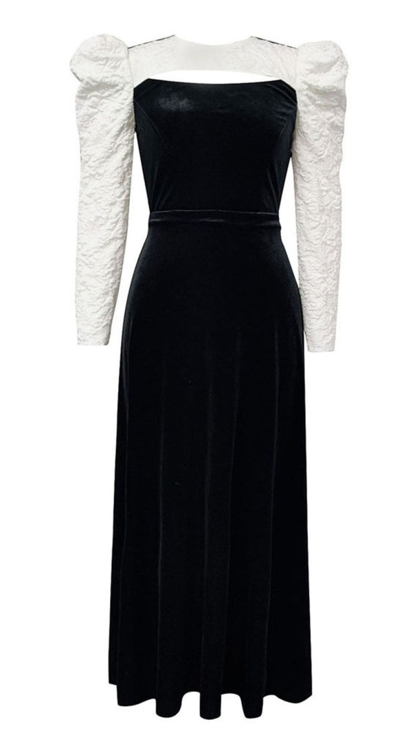 AIIZIE VELVET PUFF - SLEEVE MAXI DRESS IN BLACK AND WHITE - product image