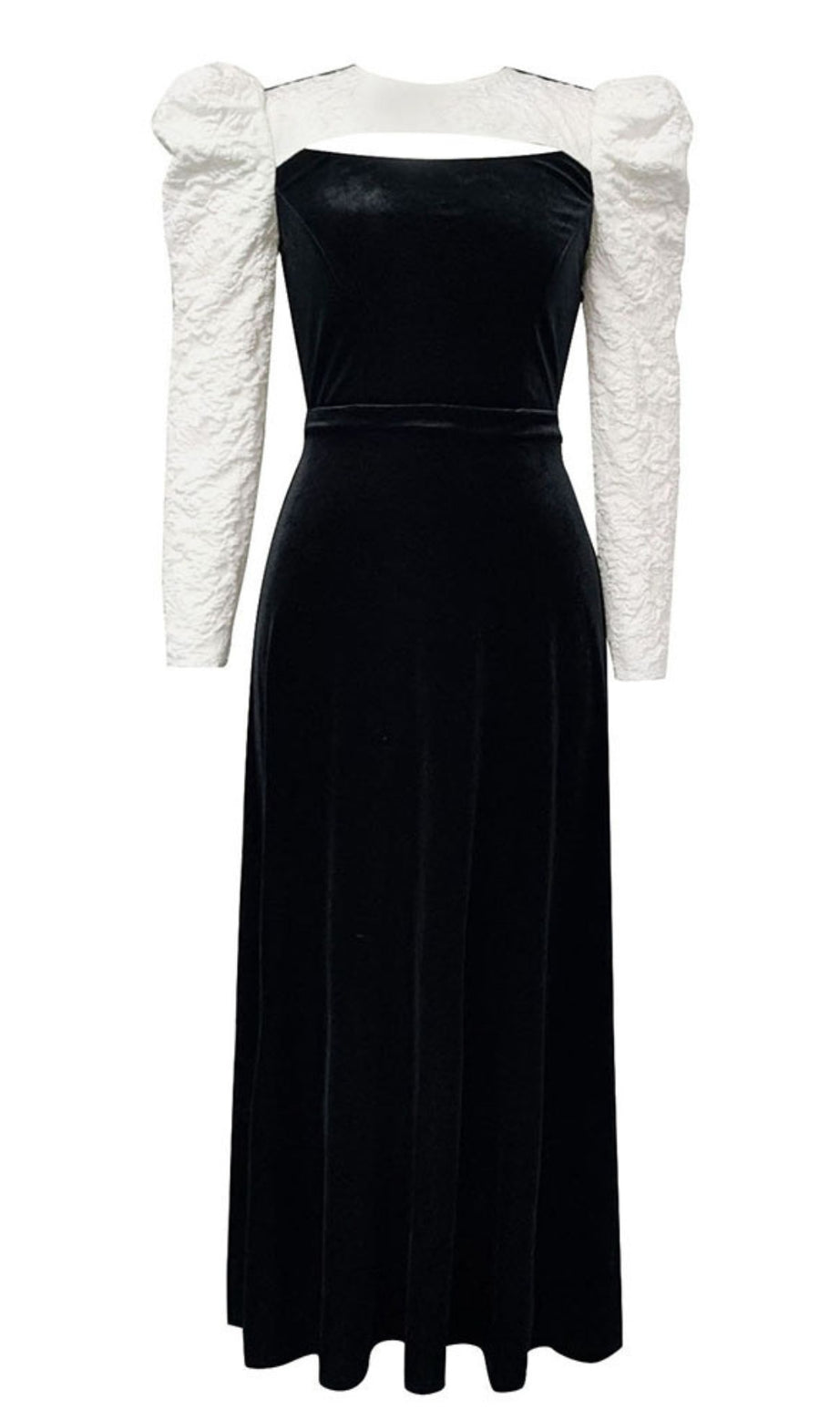 Maxikleid aus Samt mit Puffärmeln in Schwarz und Weiß