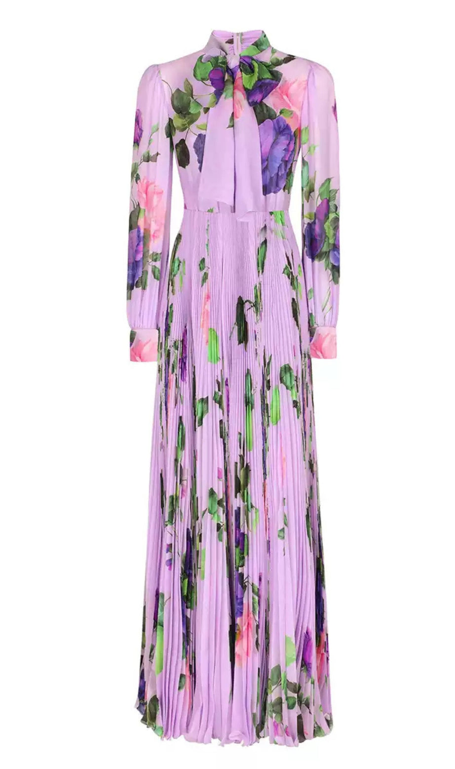Lilac Floral Print Bow Neckline Long Chiffon Dress
