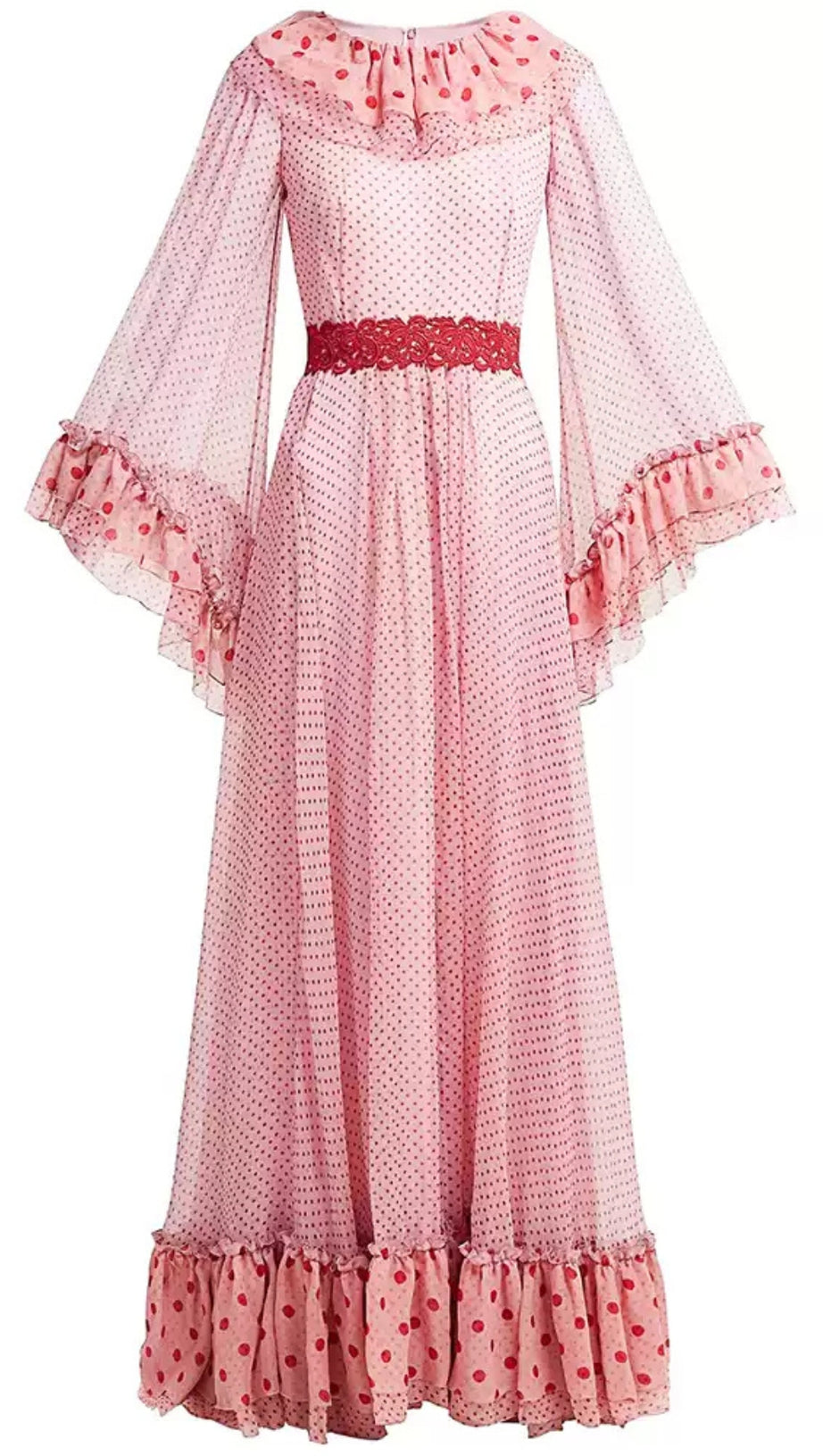 PINK POLKA DOT MAXI DRESS WITH RUFFLES AND RED BELT