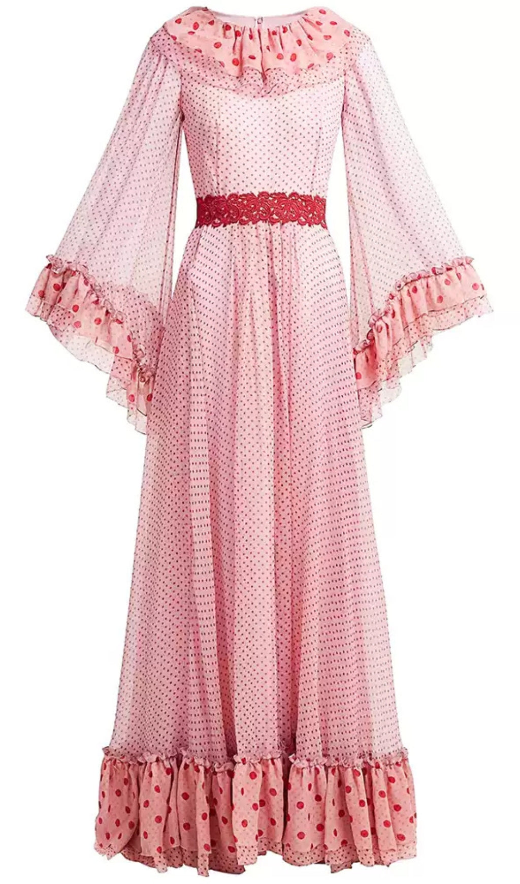 PINK POLKA DOT MAXI DRESS WITH RUFFLES AND RED BELT