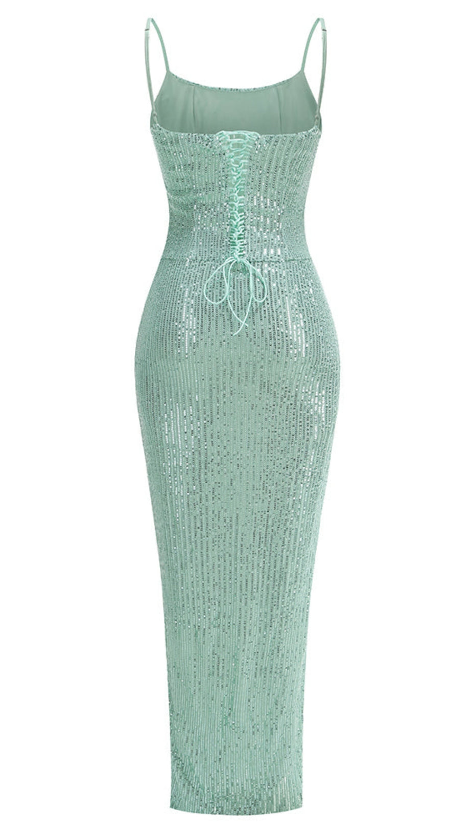 SLIP SEQUIN DRAPED SLIT MAXI DRESS