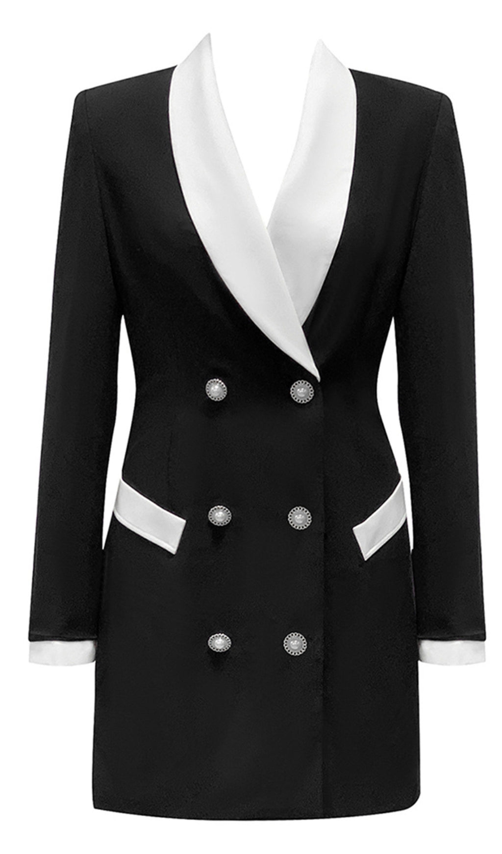 WHITE - TRIM DOUBLE - BREASTED BLAZER DRESS IN BLACK