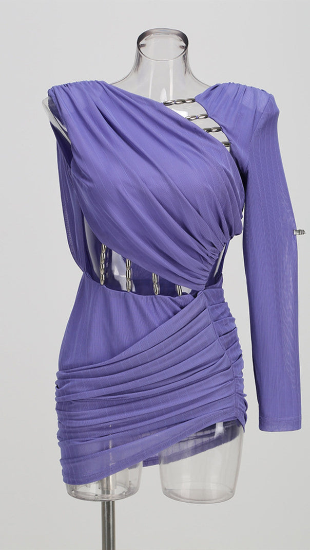 AIIZIE VIOLET ASYMMETRIC LONG SLEEVE CUTOUT BODYCON MINI DRESS - product image