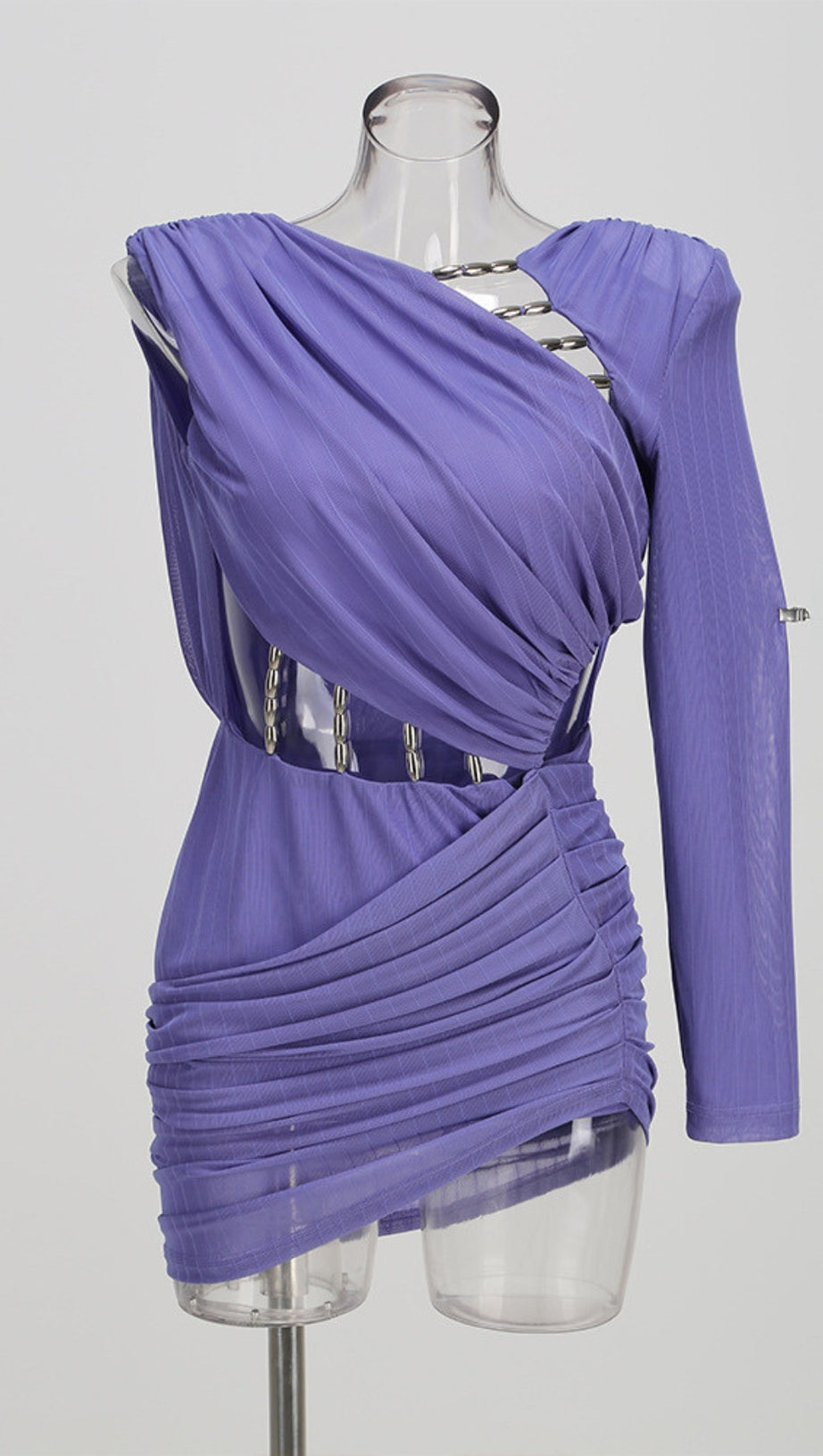 VIOLET ASYMMETRIC LONG SLEEVE CUTOUT BODYCON MINI DRESS