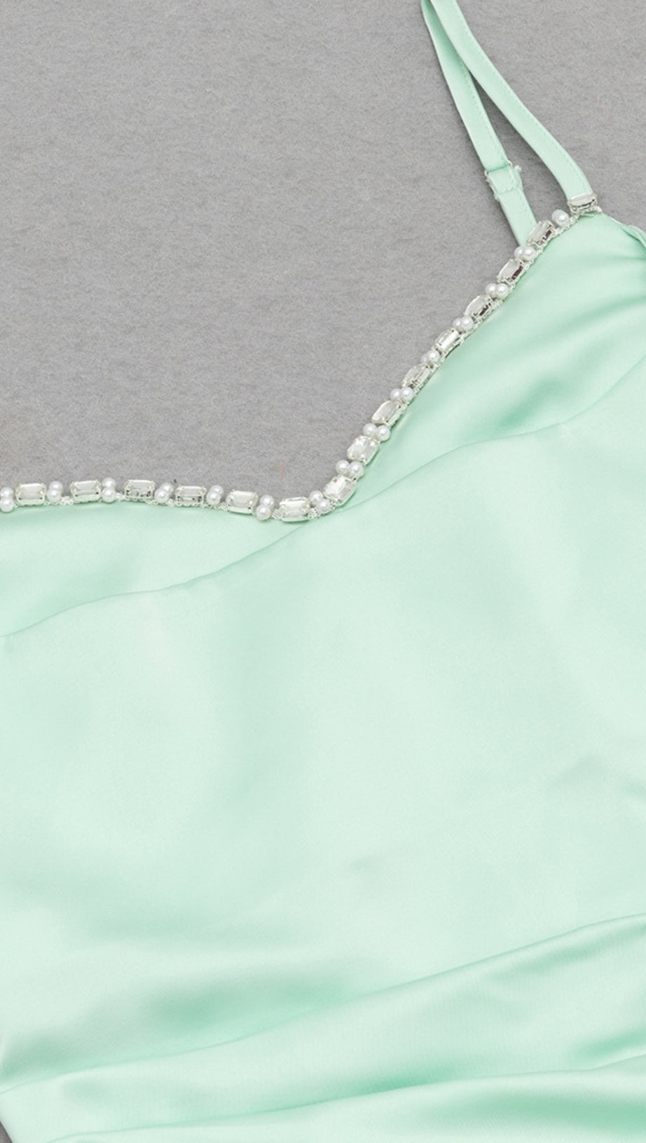 SATIN RHINESTONE - TRIMMED RUCHED MAXI DRESS IN LIGHT BLUE