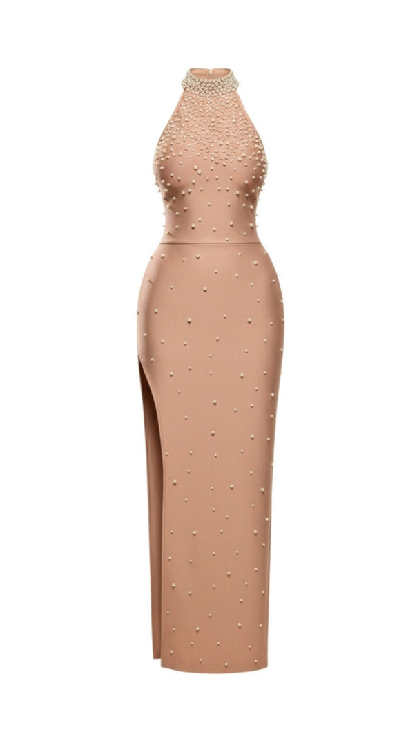 AIIZIE IRENE HALTER PEARL EMBELLISHED MAXI DRESS IN NUDE - product image