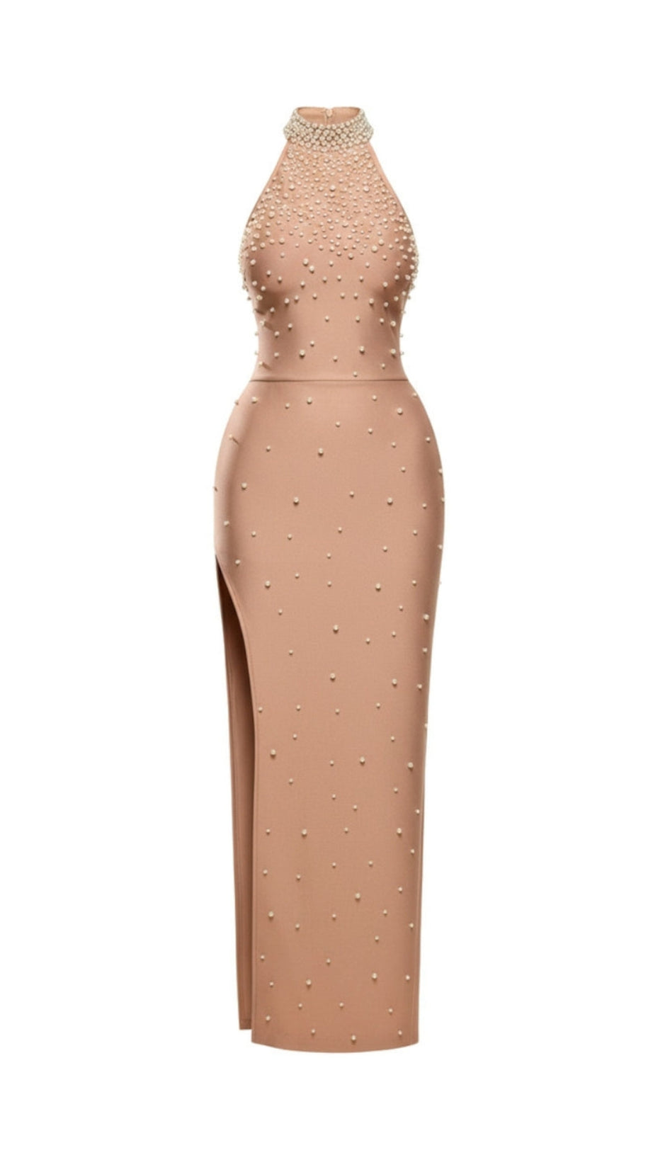 IRENE HALTER PEARL EMBELLISHED MAXI DRESS IN NUDE AIIZIE IRENE HALTER PEARL EMBELLISHED MAXI DRESS IN NUDE AIIZIE