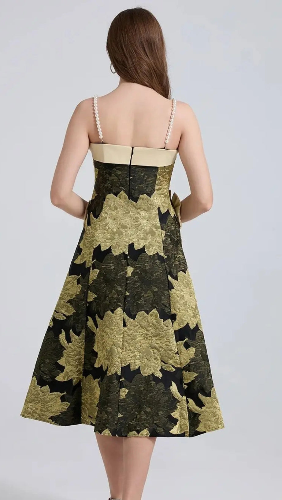 JACQUARD STRAP BOW MIDI DRESS