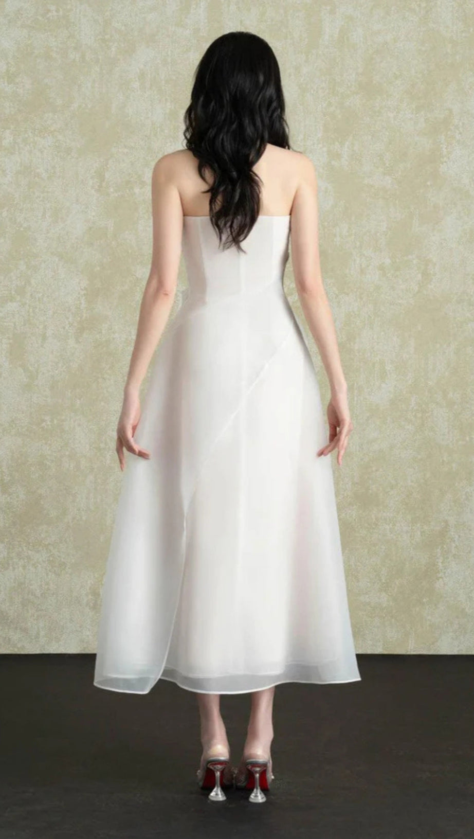 STRAPLESS LAYERED ORGANZA MIDI DRESS IN WHITE