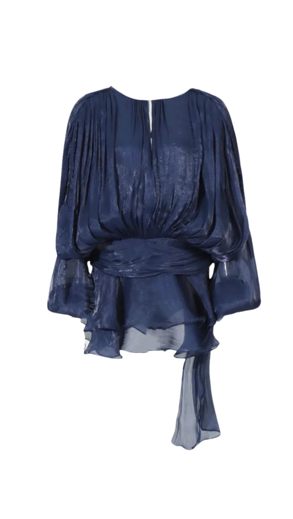 AIIZIE HERMOSA BALLOON SLEEVE RUCH RUFFLE MINI DRESS IN DEEP BLUE - product image
