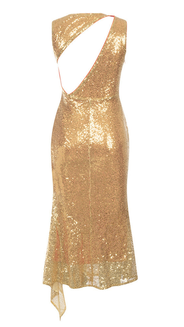 AIIZIE SEQUIN ONE - SHOULDER KNOT - DETAIL MIDI DRESS IN GOLD - product image