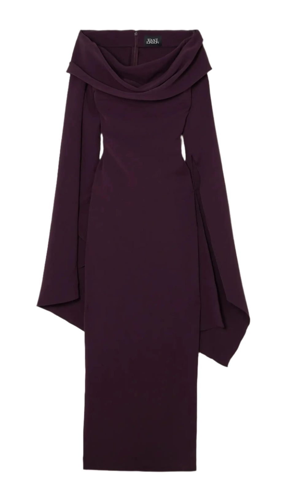 abito lungo in crêpe drappeggiato con spalle scoperte color bordeaux