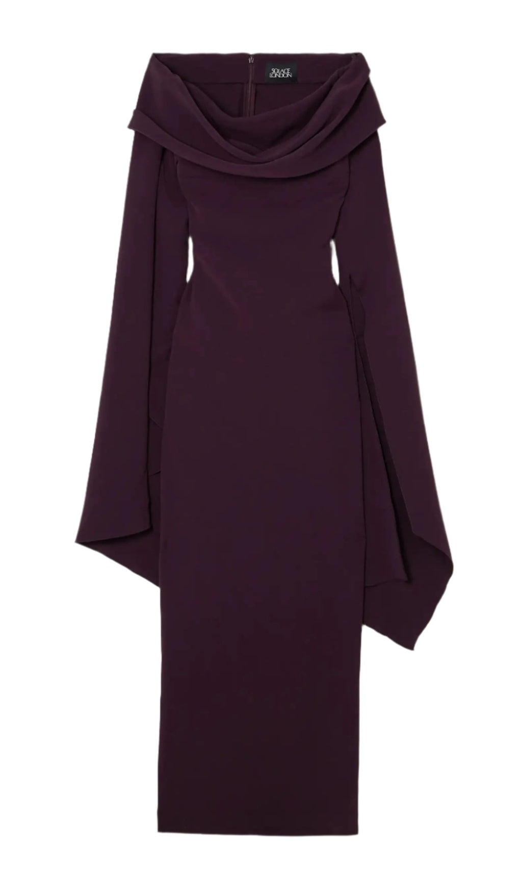 DRAPED OFF-THE-SHOULDER CREPE MAXI DRESS IN BURGUNDY