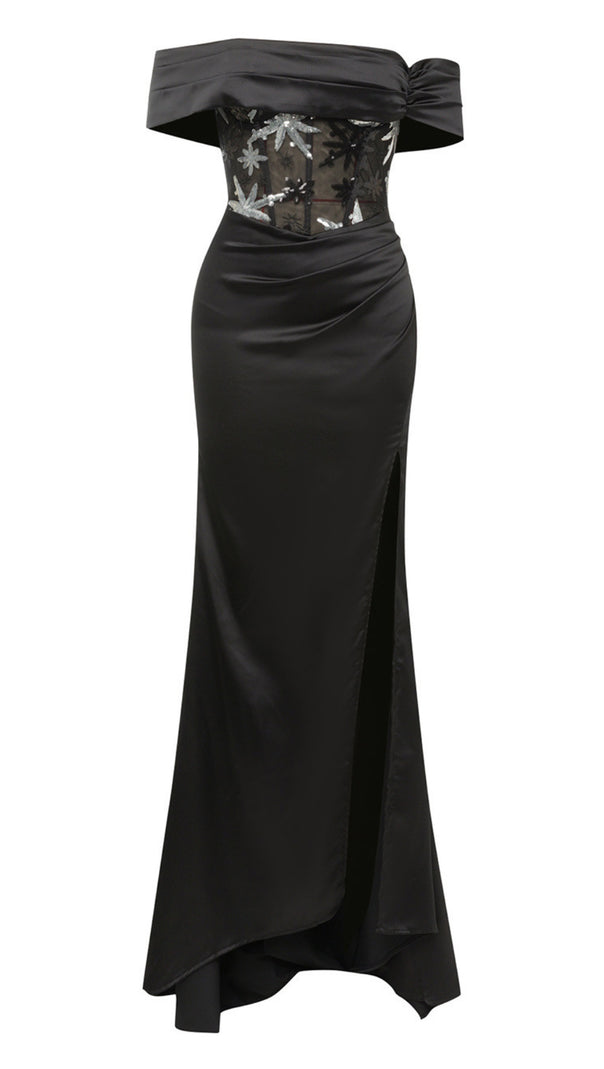AIIZIE OFF - SHOULDER EMBROIDERED CORSET - WAIST SLIT GOWN IN BLACK - product image