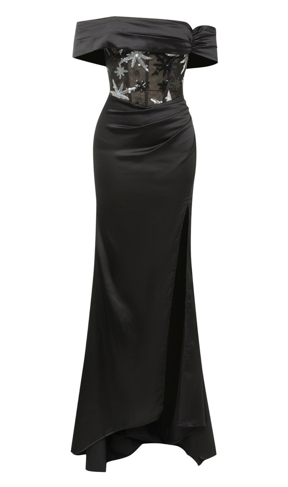 Off - Shoulder Embroidered Corset - Waist Slit Gown in Black