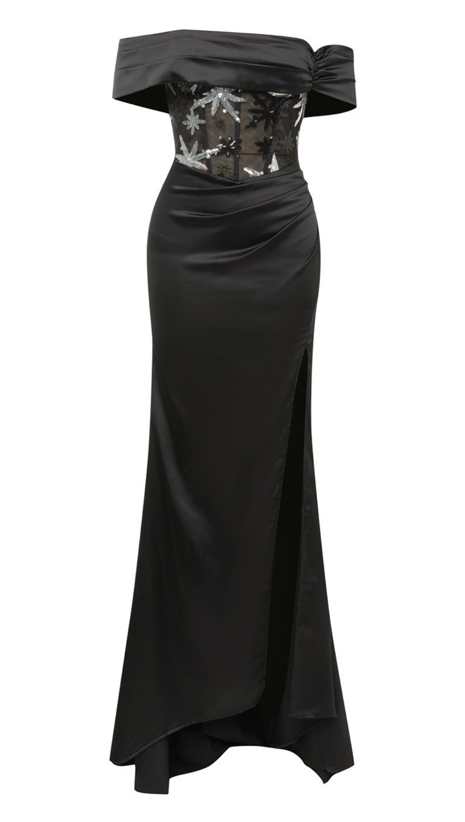 OFF - SHOULDER EMBROIDERED CORSET - WAIST SLIT GOWN IN BLACK