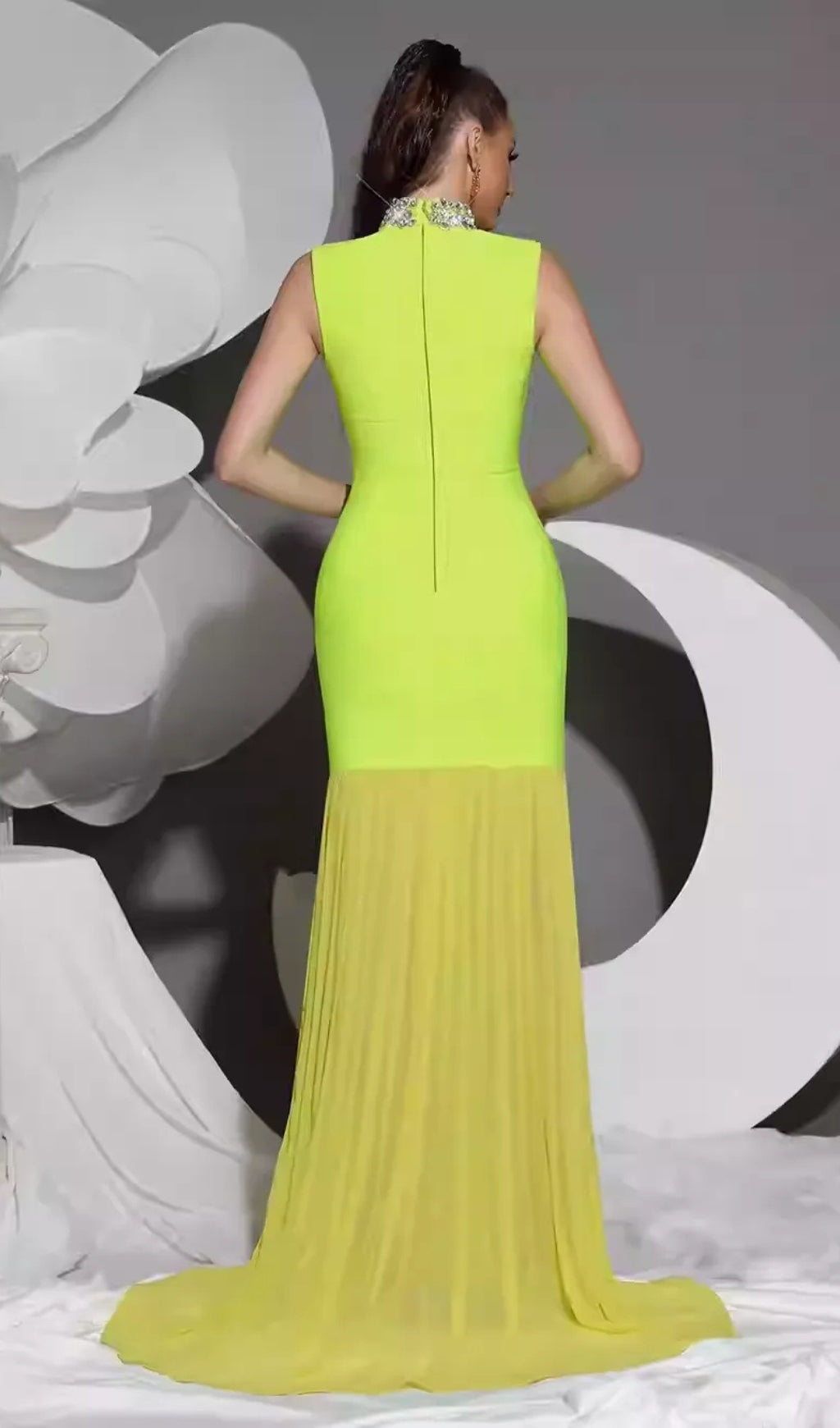 AIIZIE AMY MESH STITCHING DIAMOND HIGH COLLAR BANDAGE MAXI DRESS IN GREEN - product image