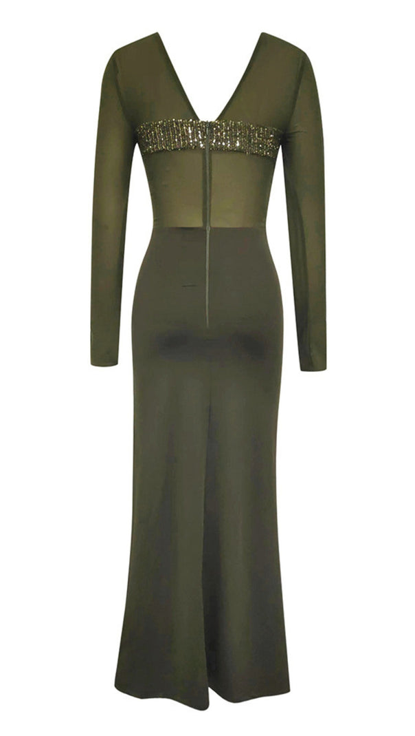 AIIZIE MESH - TOP SEQUIN - EMBELLISHED SLIT MAXI DRESS IN DARK GREEN - product image