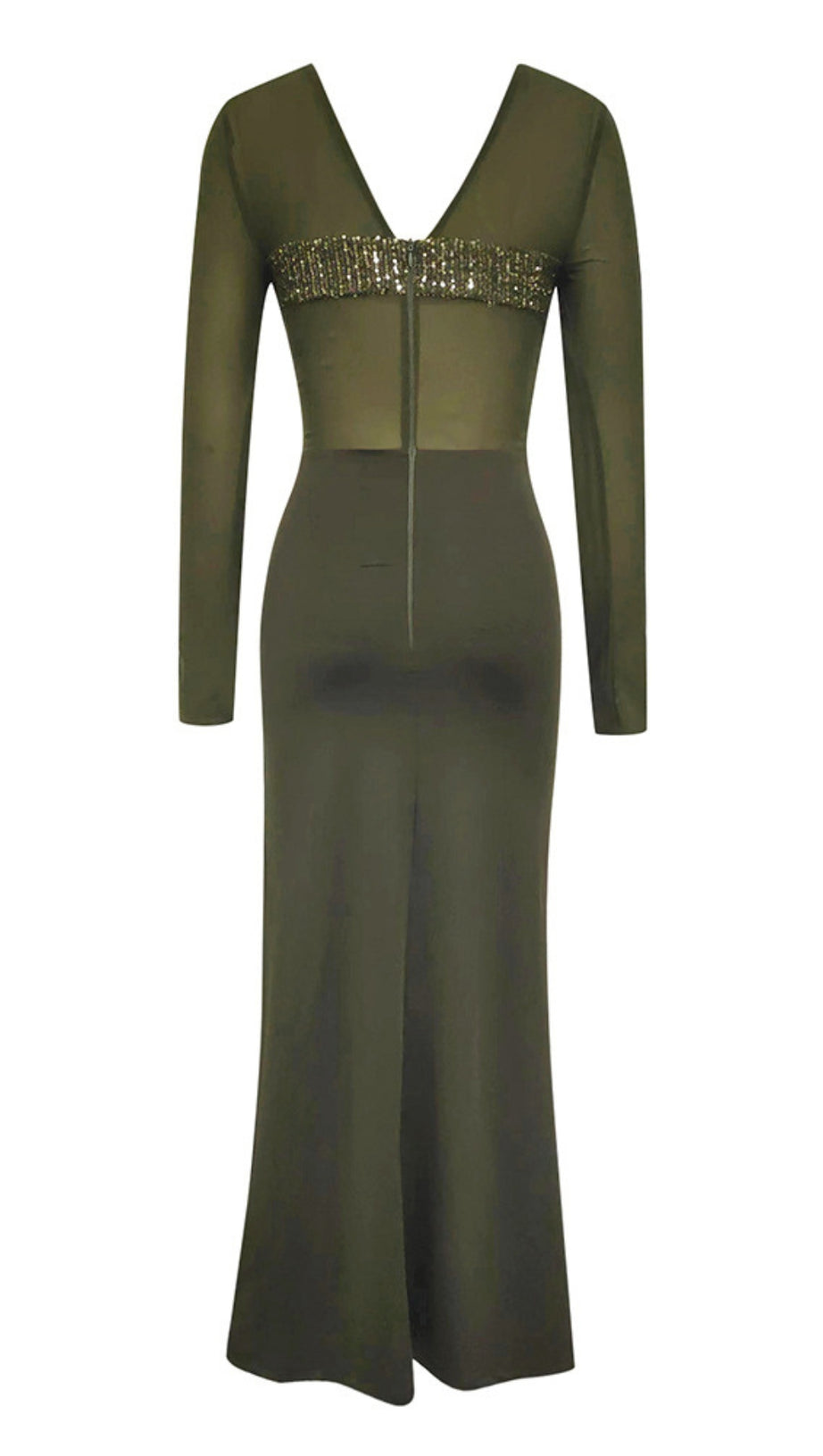 MESH - TOP SEQUIN - EMBELLISHED SLIT MAXI DRESS IN DARK GREEN