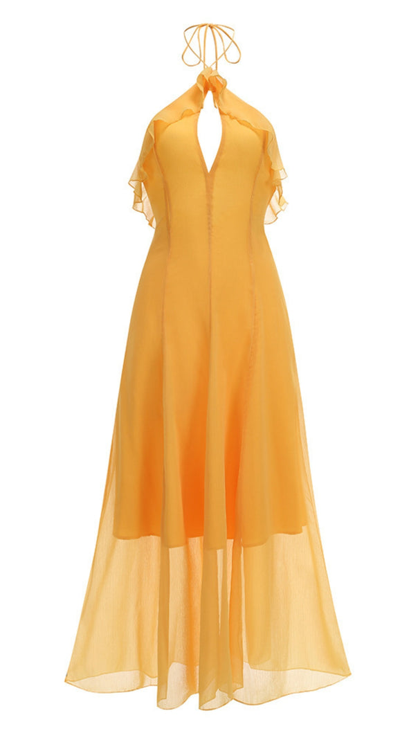 AIIZIE YELLOW HALTER NECK RUFFLED CHIFFON MAXI DRESS - product image