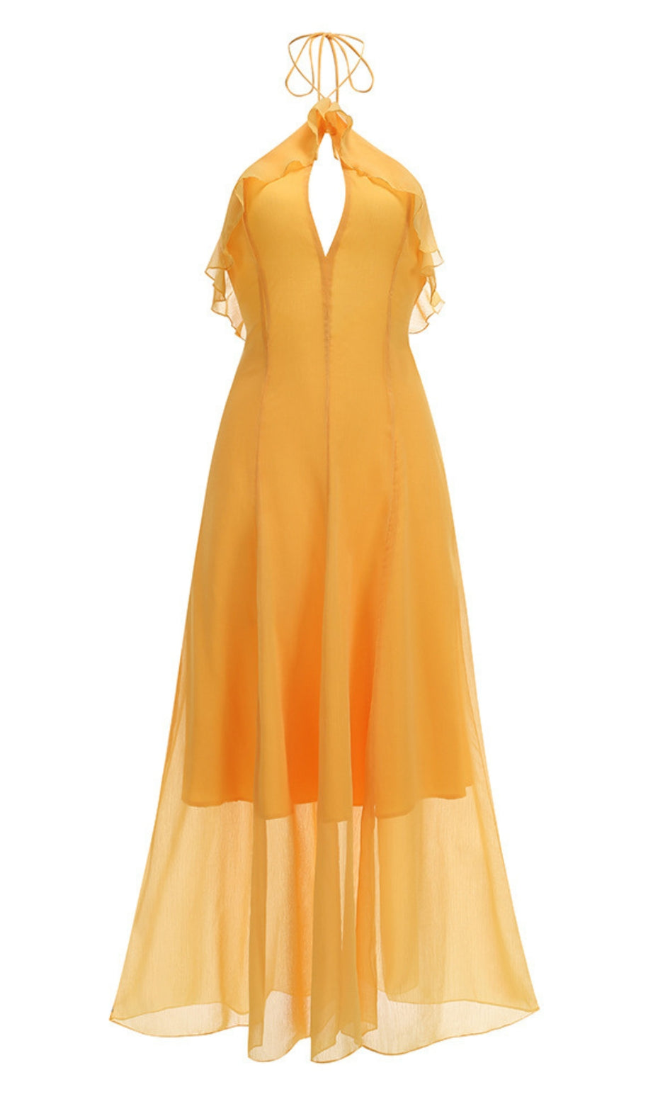 Abito lungo in chiffon con volant e scollo all'americana giallo 