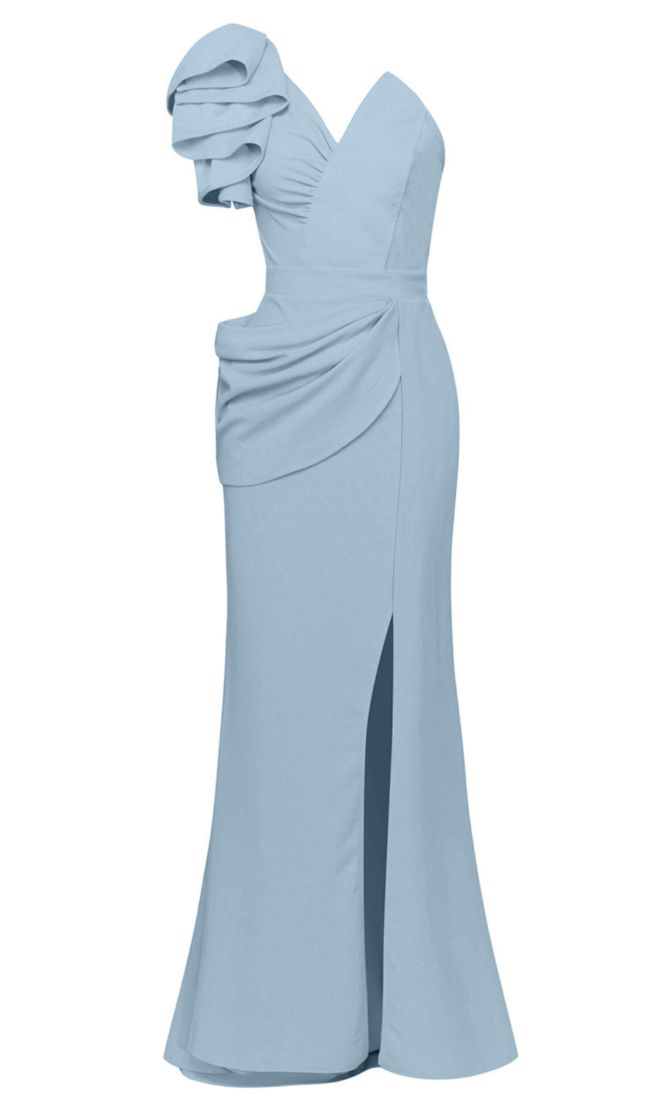 Einschultriges Maxikleid mit Rüschen und Schlitz in Blau