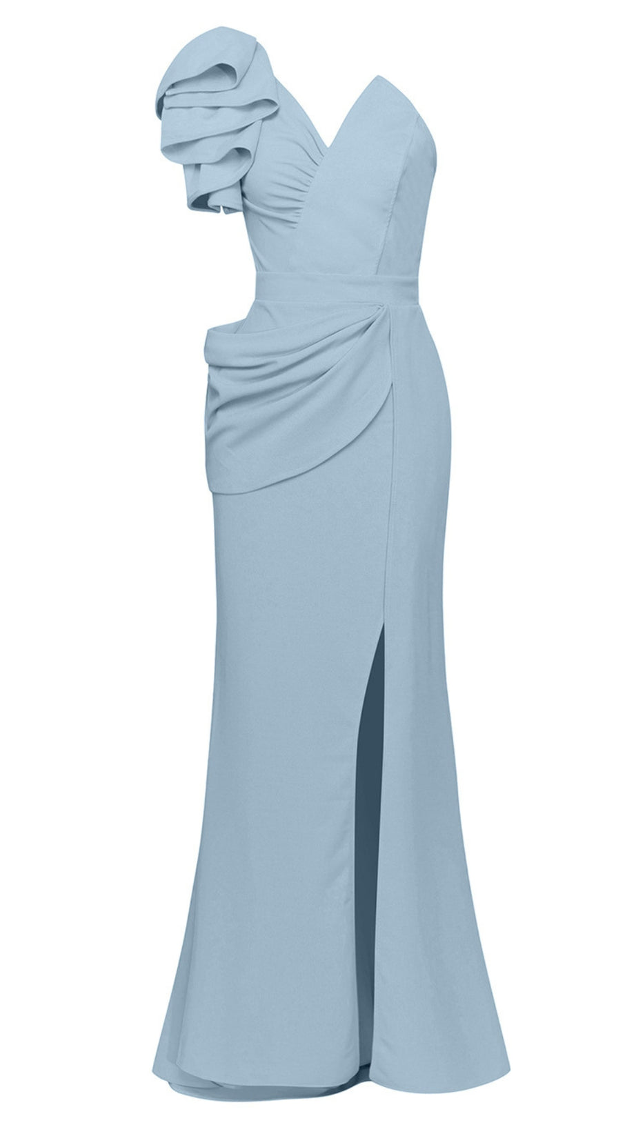 ONE - SHOULDER RUFFLED SLIT MAXI DRESS IN BLUE