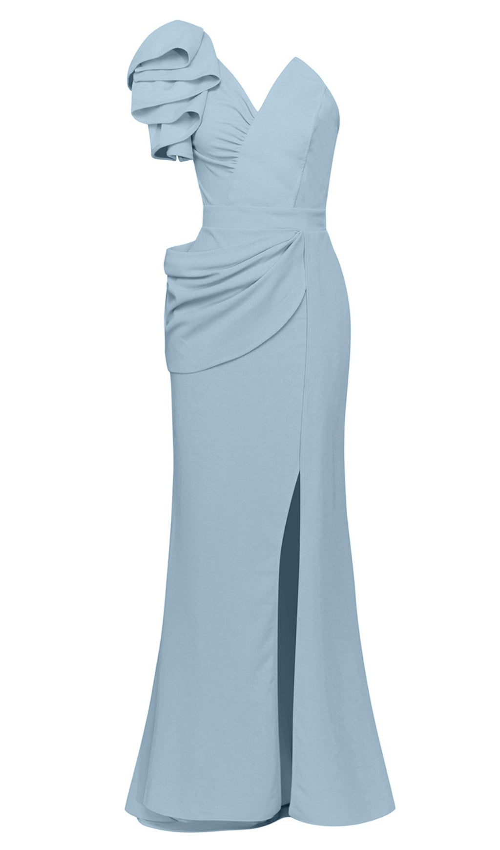 ONE - SHOULDER RUFFLED SLIT MAXI DRESS IN BLUE
