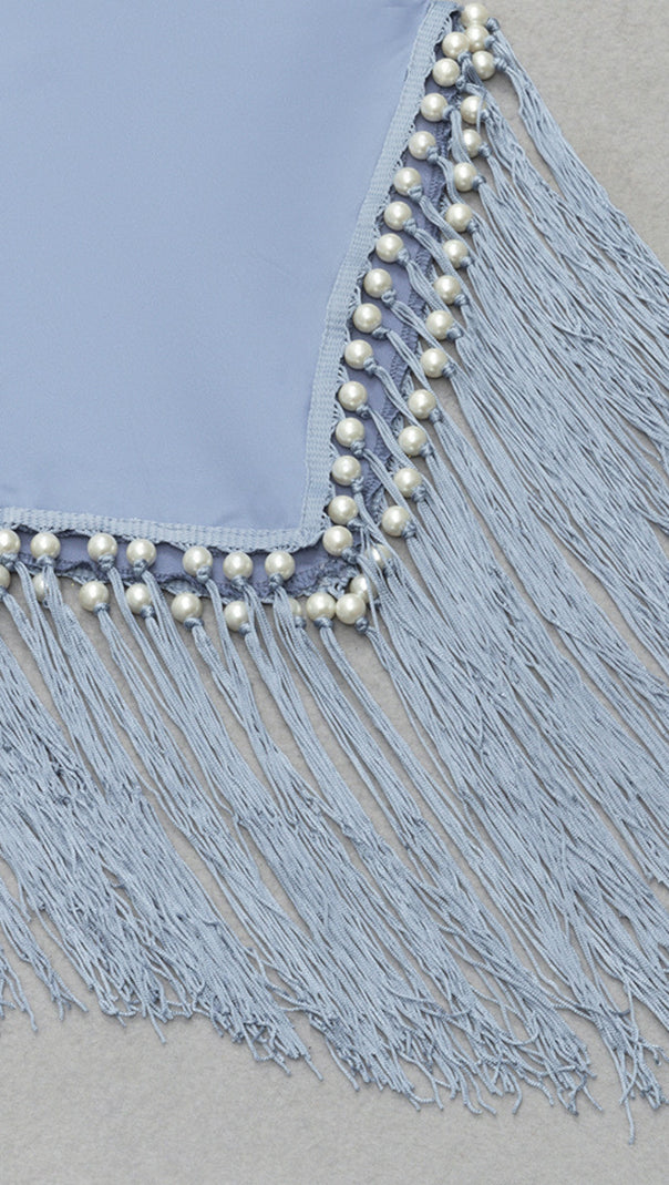 AIIZIE HALTER NECK FRINGE - HEM MIDI DRESS IN LIGHT BLUE - product image