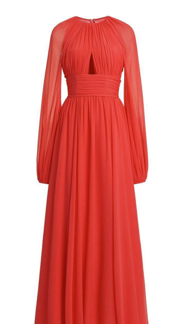 AIIZIE RED CHIFFON MAXI DRESS WITH SHEER SLEEVES AND CUTOUT - product image