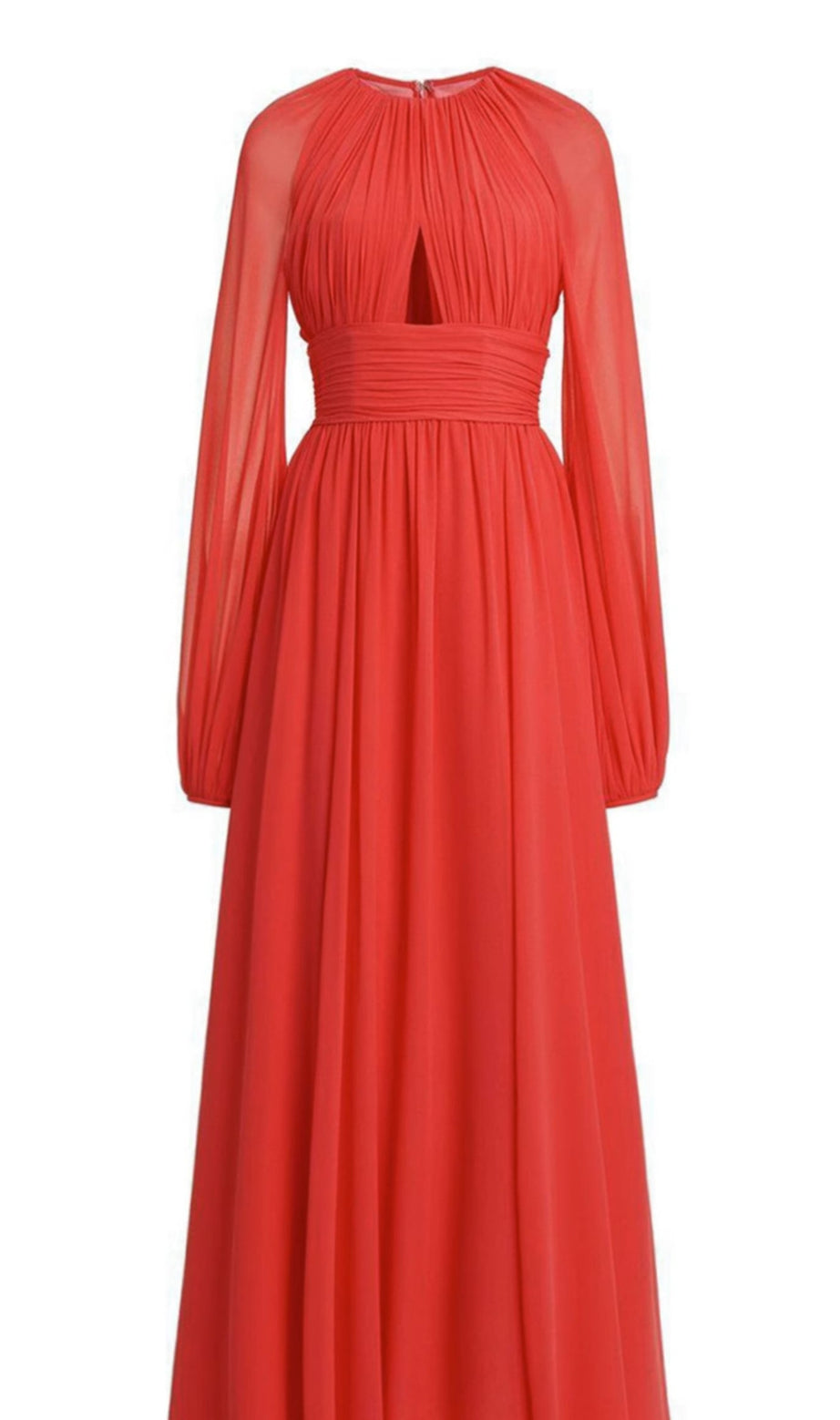Red Chiffon Maxi Dress with Sheer Sleeves and Cutout