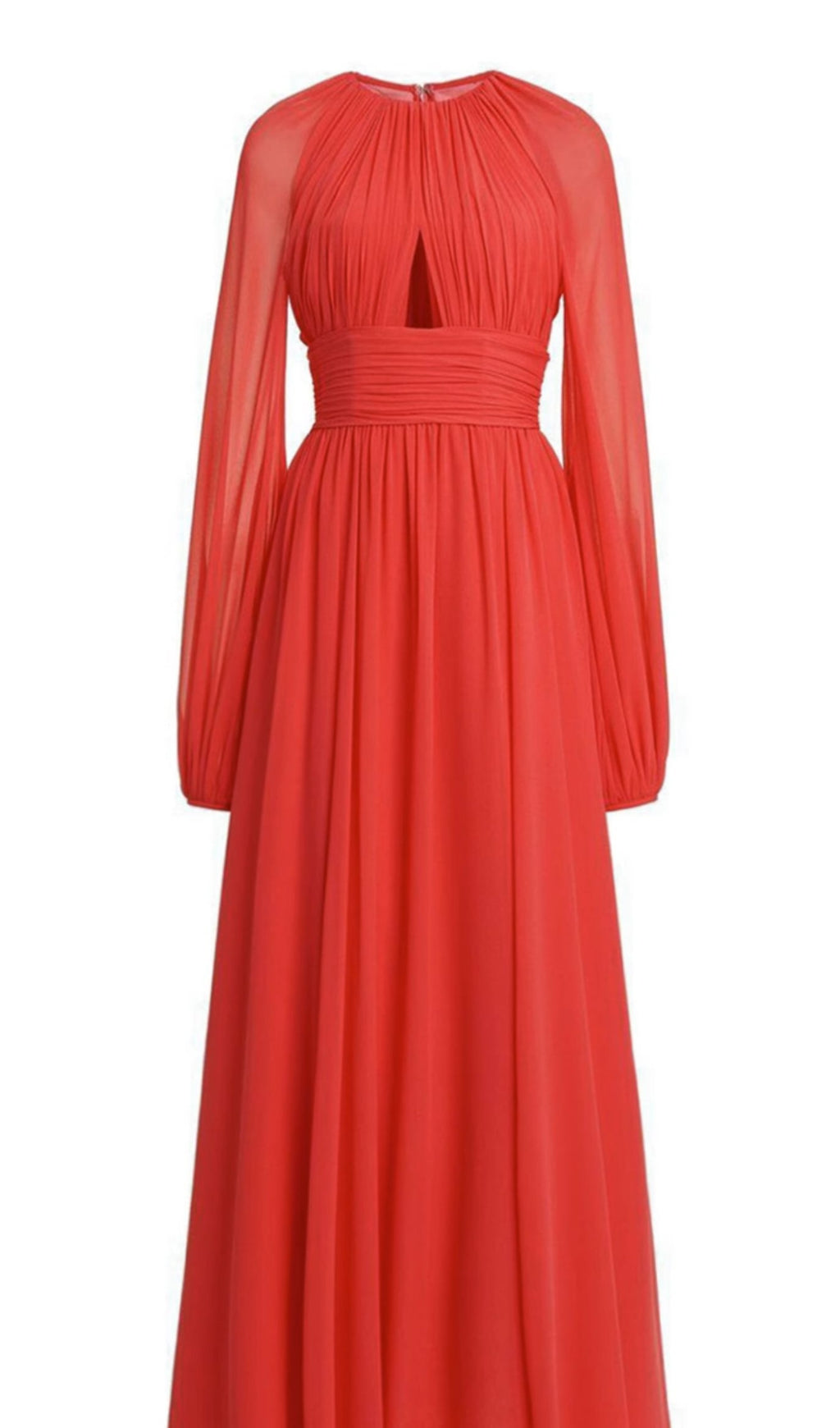 RED CHIFFON MAXI DRESS WITH SHEER SLEEVES AND CUTOUT