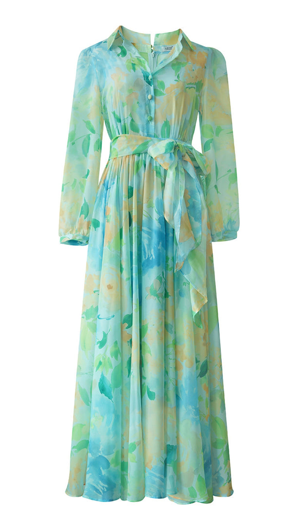 AIIZIE BLUE - GREEN FLORAL CHIFFON MAXI DRESS WITH BELTED WAIST - product image