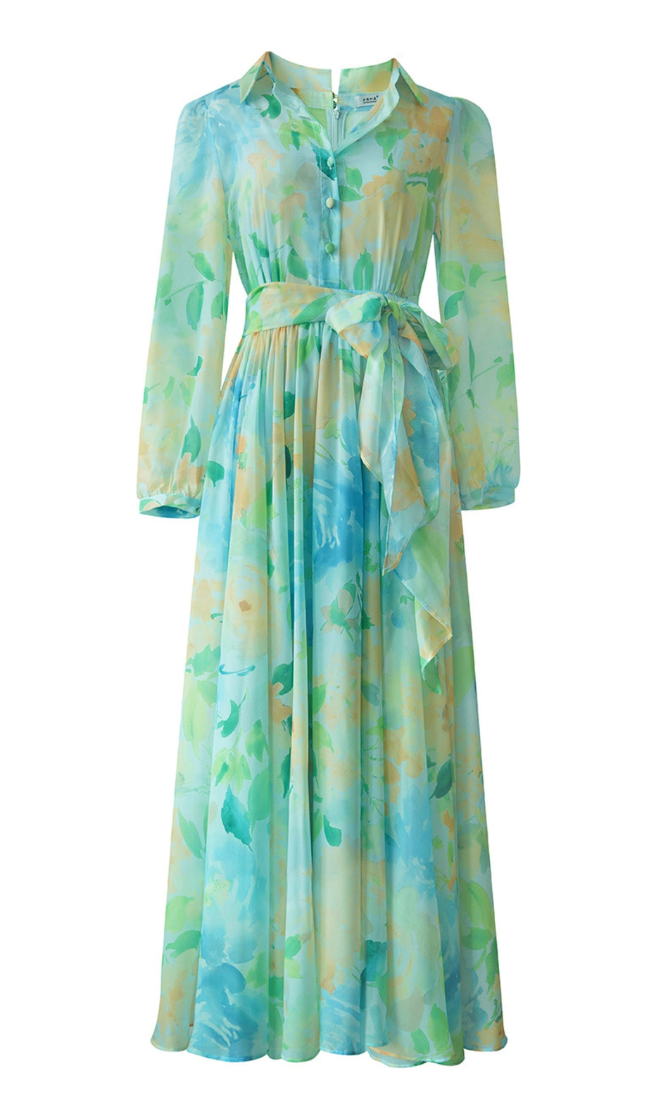 Blau-grünes Chiffon-Maxikleid mit Blumenmuster und Gürtel 